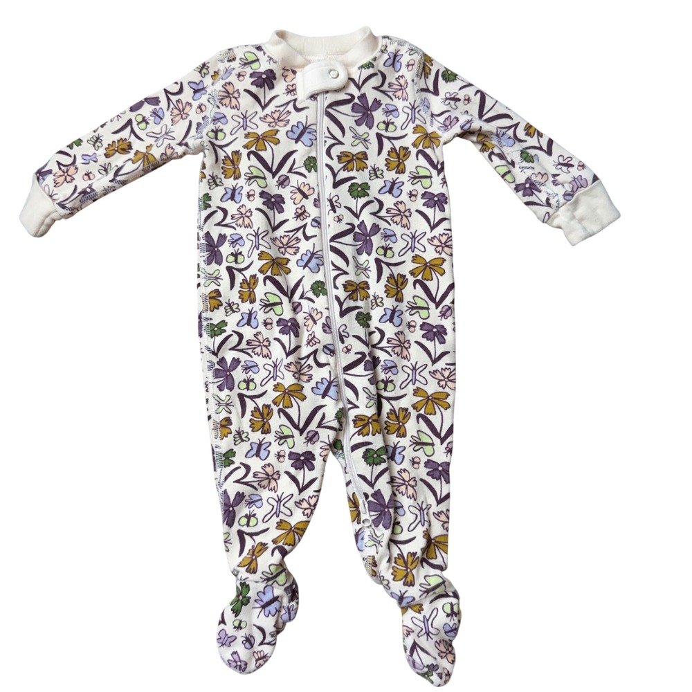 Quince Cream Butterfly Floral Organic Cotton Footed Sleeper 3-6M Baby Pajamas